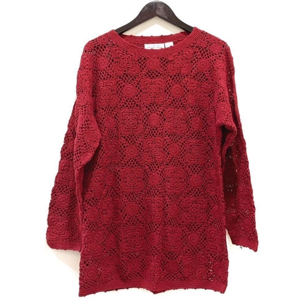 Vintage Y2K 90s Bohemian Burgundy Wine Crochet Tunic Sweater - Picture 10 of 14
